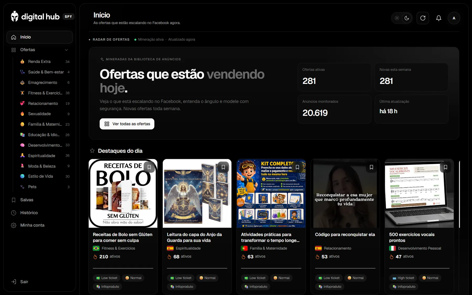 Tela inicial do Digital Hub Spy com as ofertas escalando agora