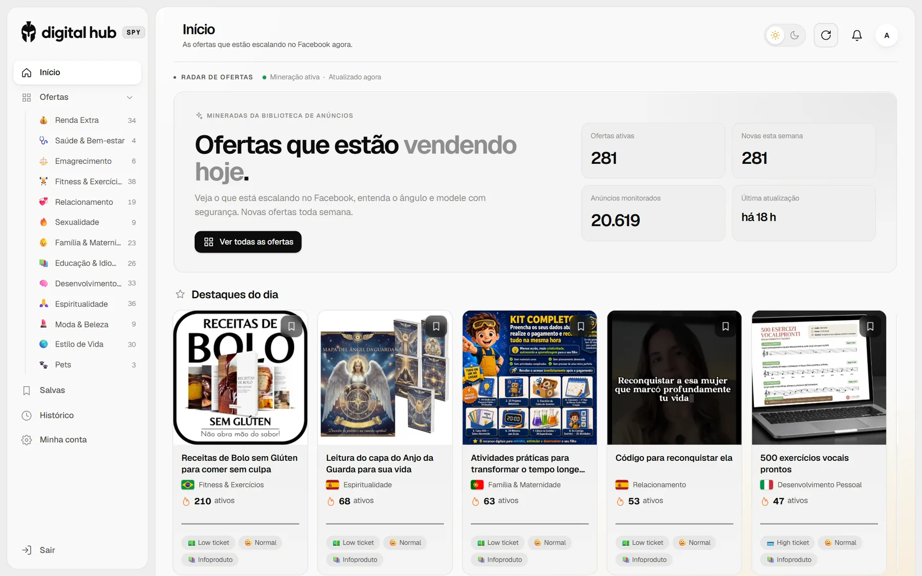 Tela inicial do Digital Hub Spy com as ofertas escalando agora
